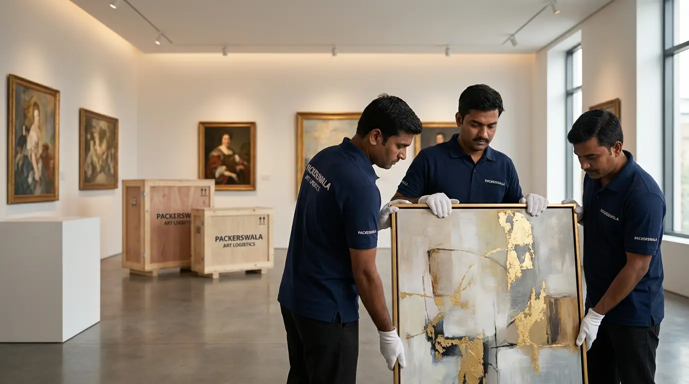 Professional careful handling of a framed artwork